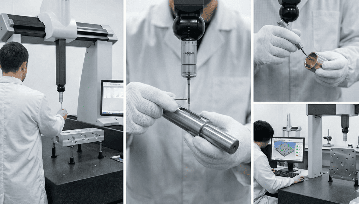 naite 技術スタッフが機械加工された CNC 部品を検査しています